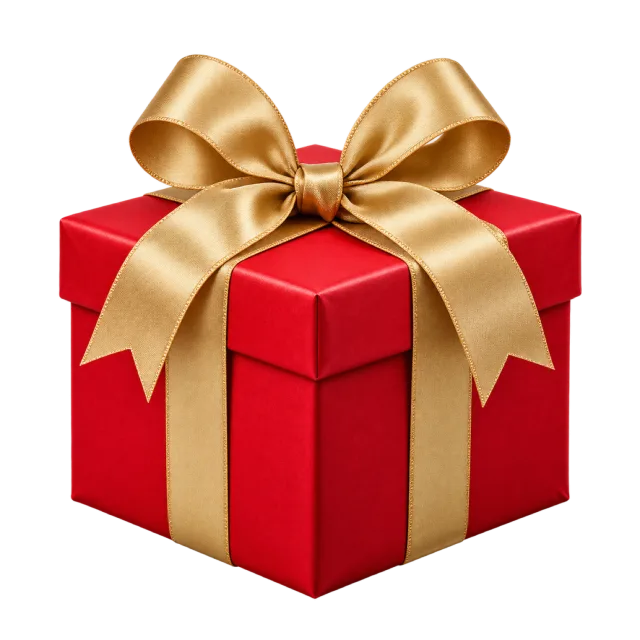 A red square present tied with a large golden satin bow