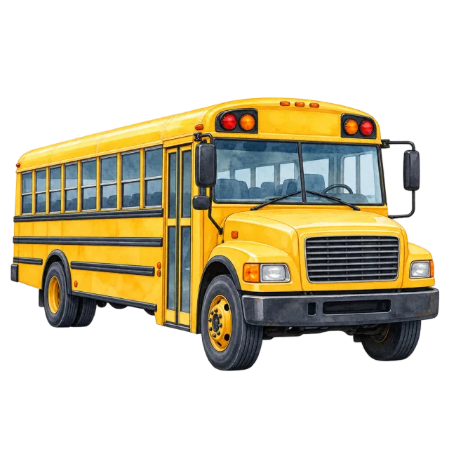 Watercolor-style illustration of yellow school bus
