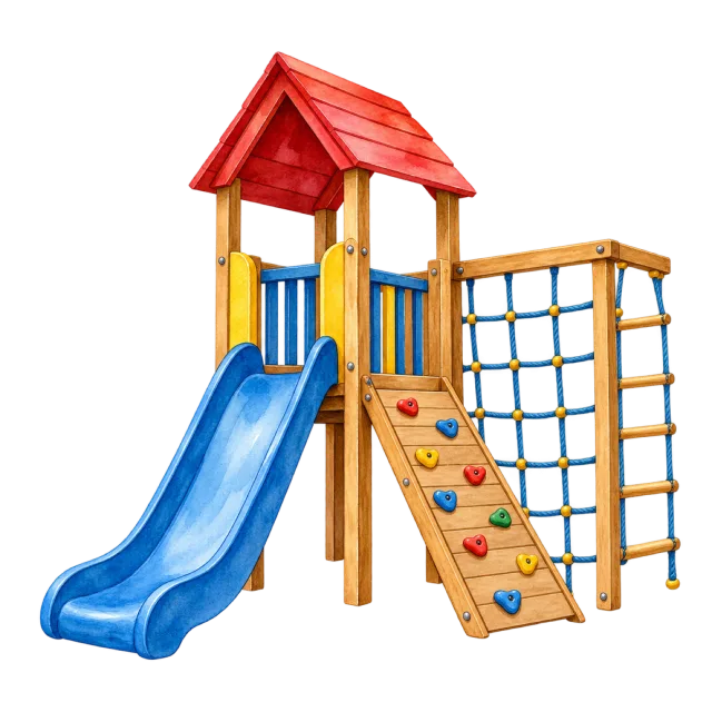Watercolor-style illustration of playground slide and climbing frame