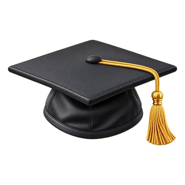 3D-style illustration of black graduation cap with gold tassel