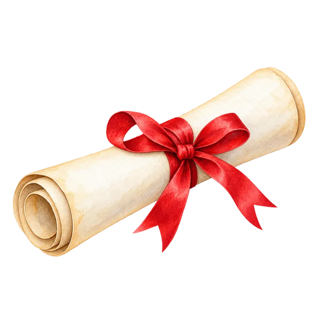 Watercolor-style illustration of rolled diploma tied with red ribbon