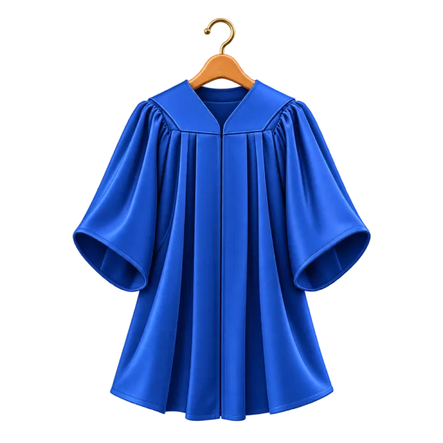 3D-style illustration of blue graduation gown on a hanger