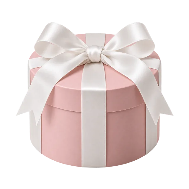 A cylindrical blush pink gift box with white ribbon and a large bow