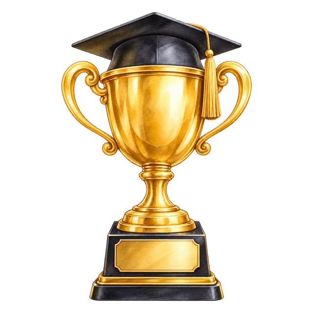 Watercolor-style illustration of gold academic trophy with blank plaque