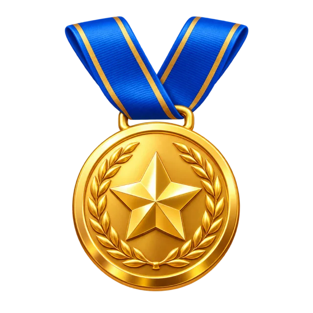 3D-style illustration of gold medal on blue ribbon