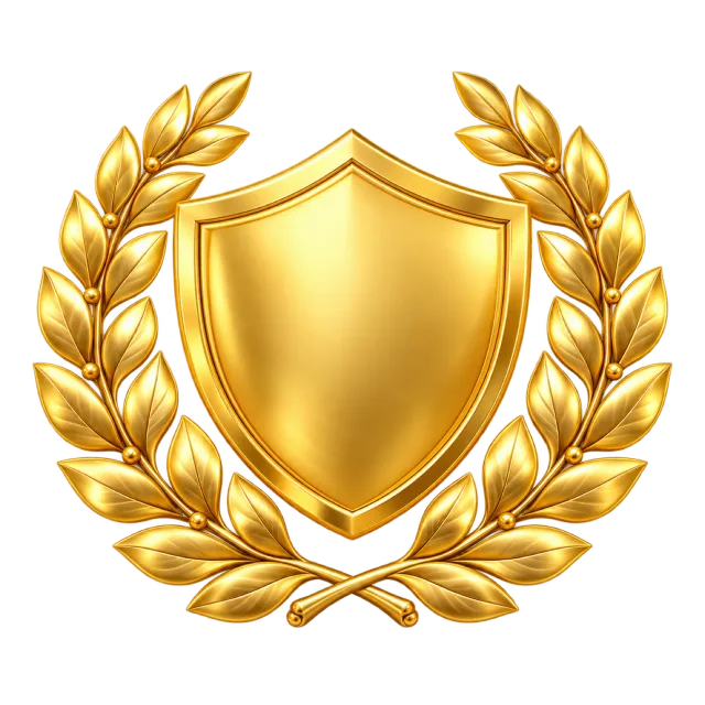 3D-style illustration of laurel wreath surrounding a blank gold shield