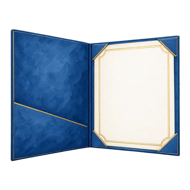 Watercolor-style illustration of open presentation folder containing blank certificate