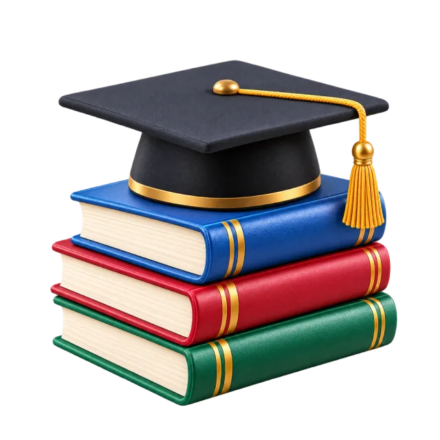3D-style illustration of stack of books topped with graduation cap
