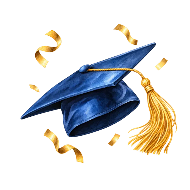 Watercolor-style illustration of graduation cap tossed with a few gold confetti pieces