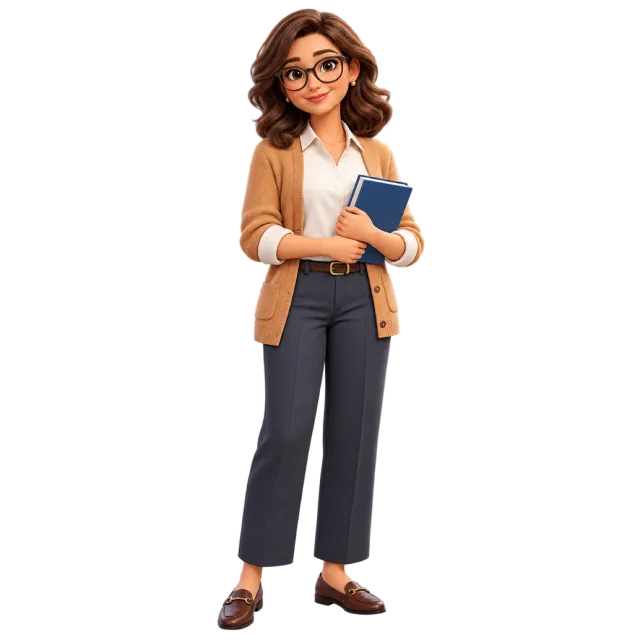 3D-style illustration of woman teacher holding a blue book