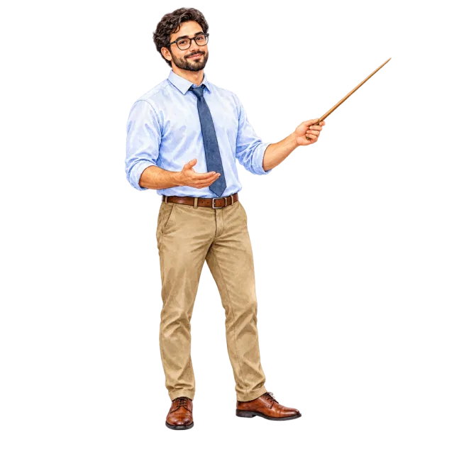 Watercolor-style illustration of man teacher holding a wooden pointer