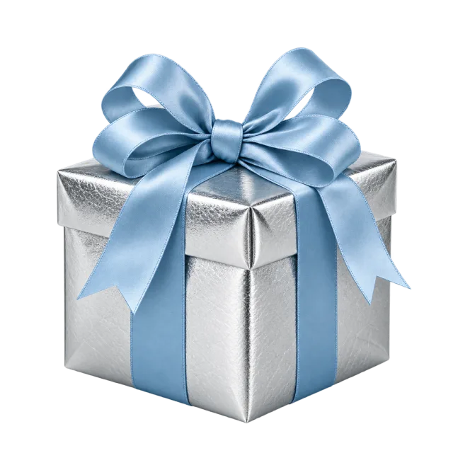A textured silver square box tied with a pale blue satin ribbon