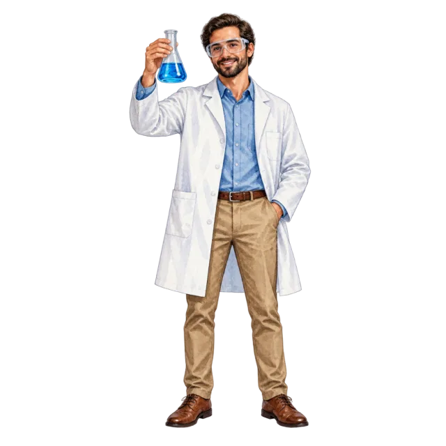 Watercolor-style illustration of man in lab coat holding a blue flask