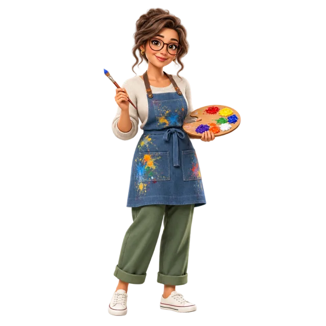 3D-style illustration of woman art teacher with paint palette