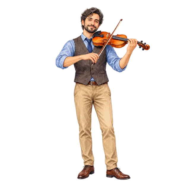Watercolor-style illustration of man playing violin with bow
