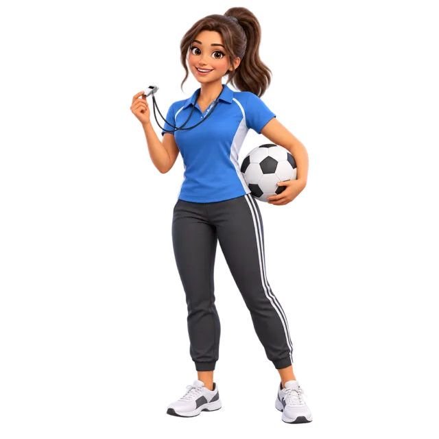 3D-style illustration of woman sports teacher with whistle and soccer ball