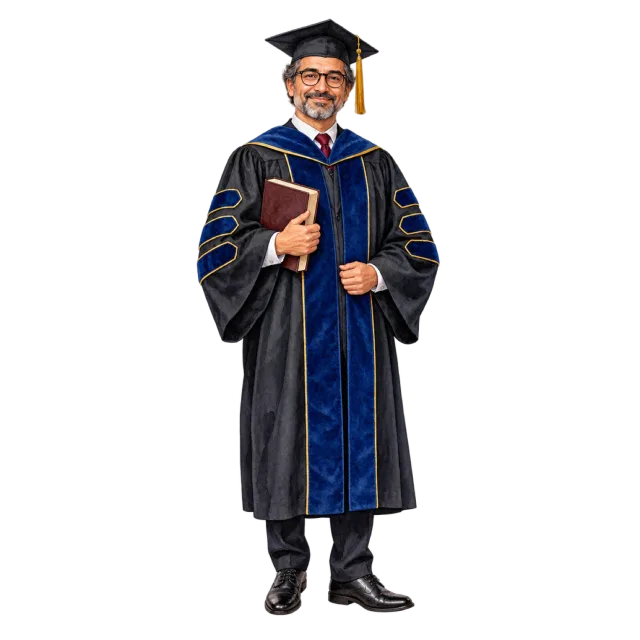 Watercolor-style illustration of man in black academic robes