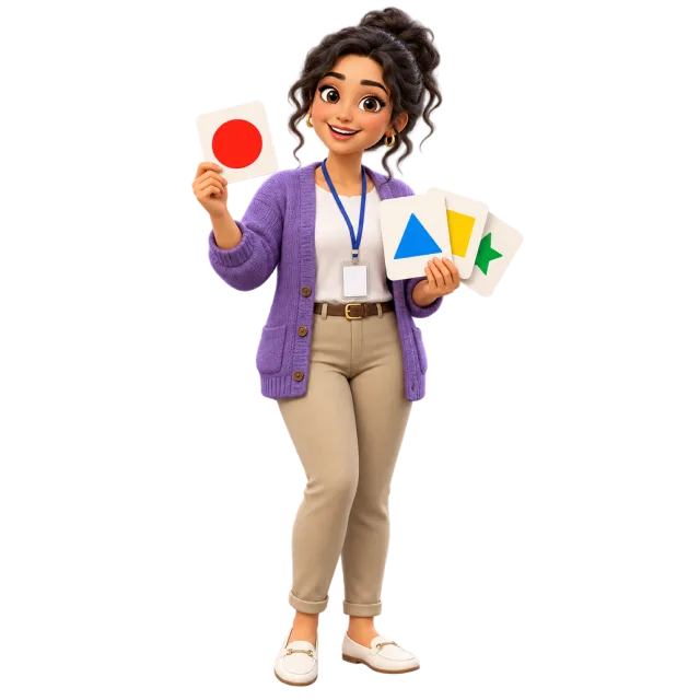 3D-style illustration of woman teacher holding shape flashcards