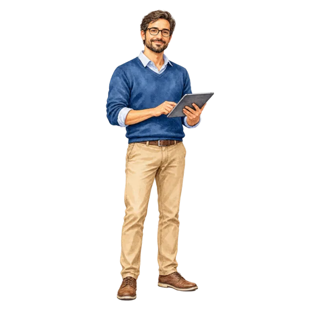 Watercolor-style illustration of man teacher holding a tablet