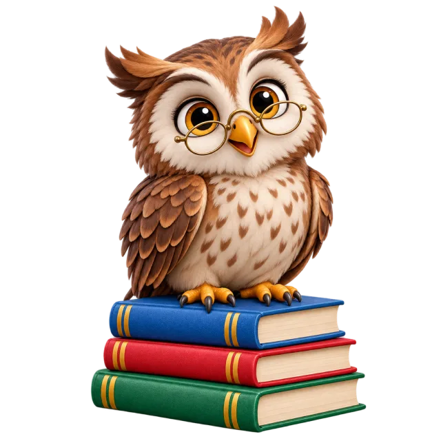 3D-style illustration of owl school mascot wearing glasses on books