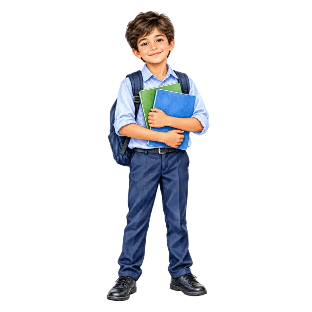 Watercolor-style illustration of schoolboy holding exercise books