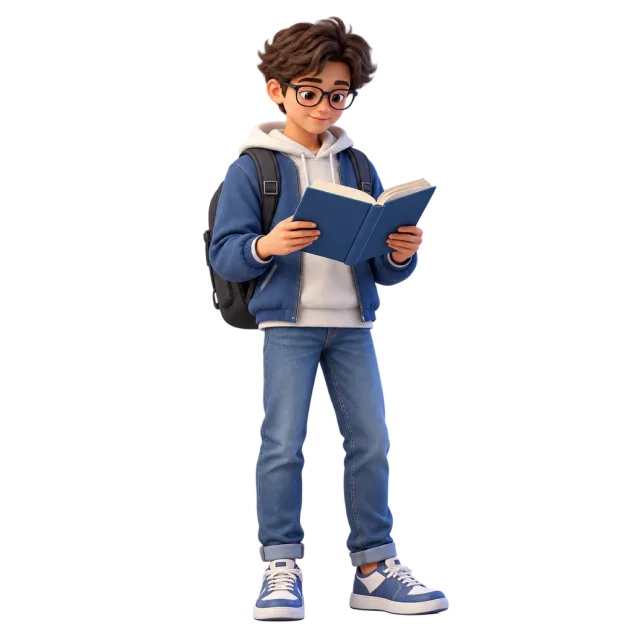 3D-style illustration of boy with glasses reading a book