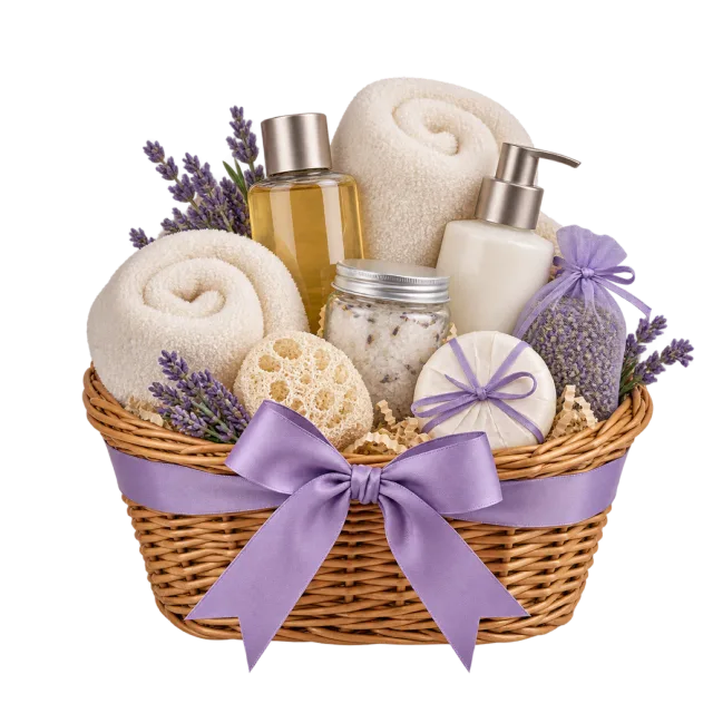 A wicker basket holding rolled towels, toiletries and lavender with a purple bow