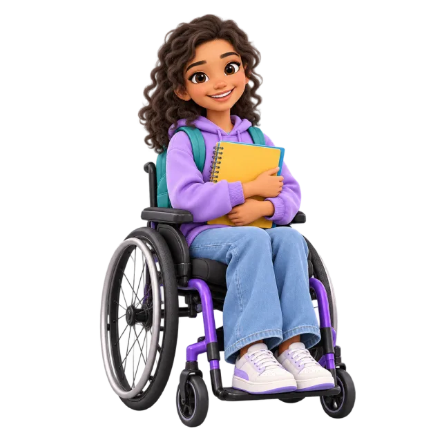 3D-style illustration of student in wheelchair holding a notebook