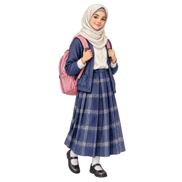 Watercolor-style illustration of schoolgirl in hijab with backpack