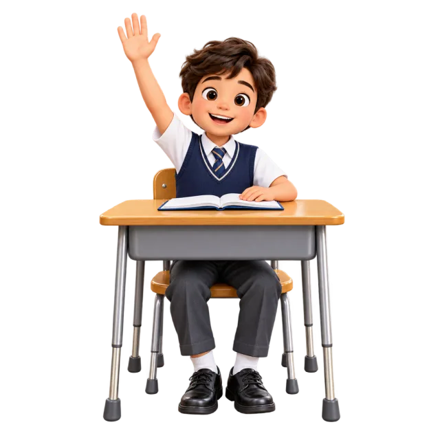 3D-style illustration of schoolboy raising hand at desk