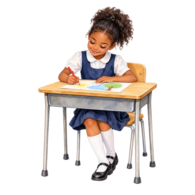 Watercolor-style illustration of schoolgirl drawing at a desk