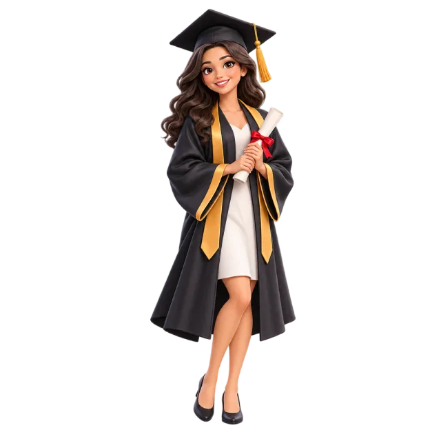 3D-style illustration of woman graduate holding diploma with gold stole