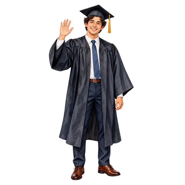 Watercolor-style illustration of man graduate waving in cap and gown