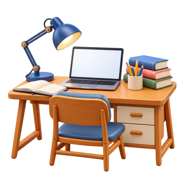 3D-style illustration of study desk with lamp books and laptop