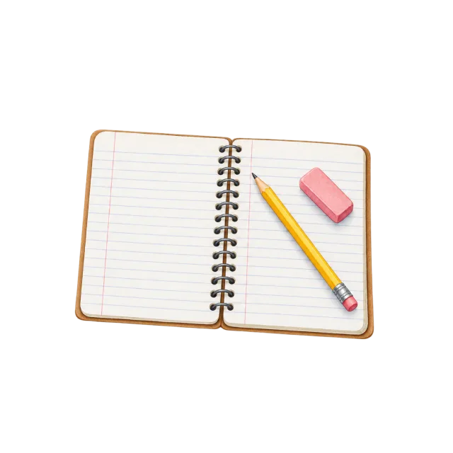 Watercolor-style illustration of open notebook with pencil and eraser