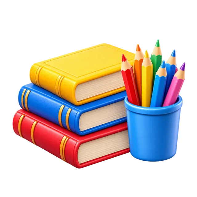 3D-style illustration of books with cup of colored pencils