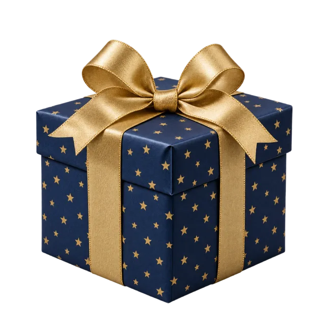 A navy blue box covered in tiny gold stars and tied with gold ribbon