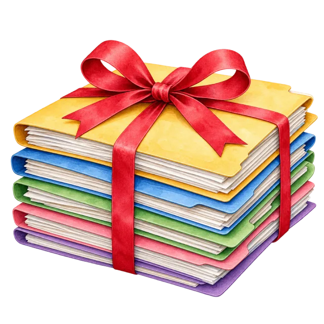 Watercolor-style illustration of colorful folders tied with ribbon