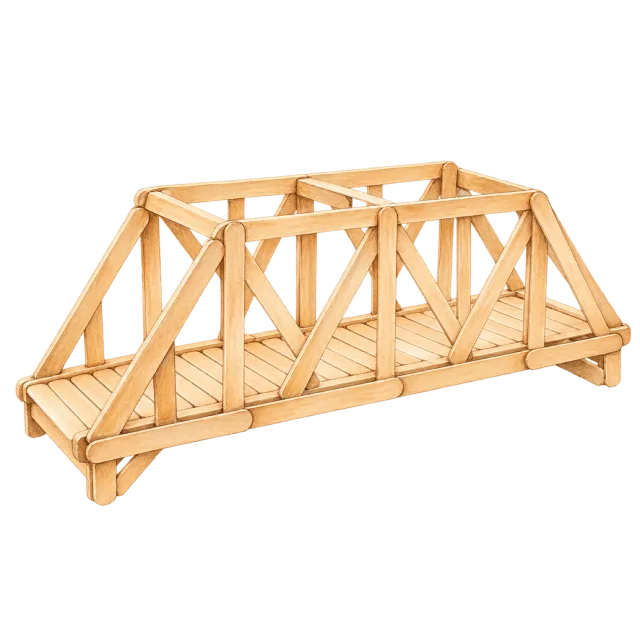 Watercolor-style illustration of craft stick model bridge