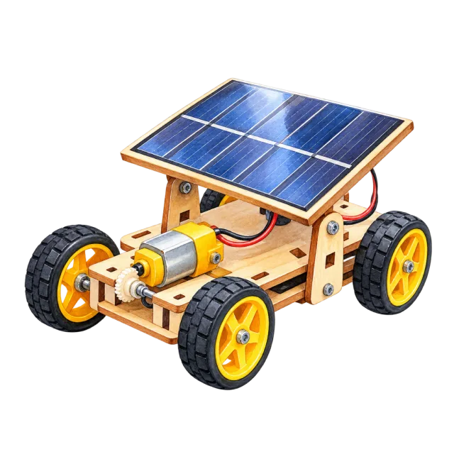 Watercolor-style illustration of solar powered model car