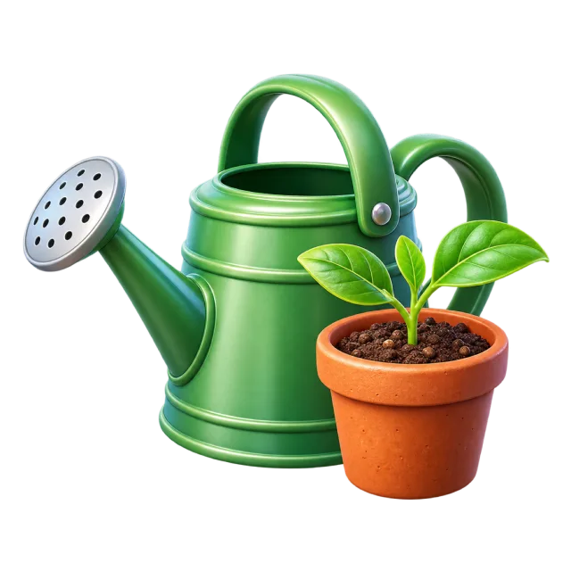 3D-style illustration of green watering can and potted seedling