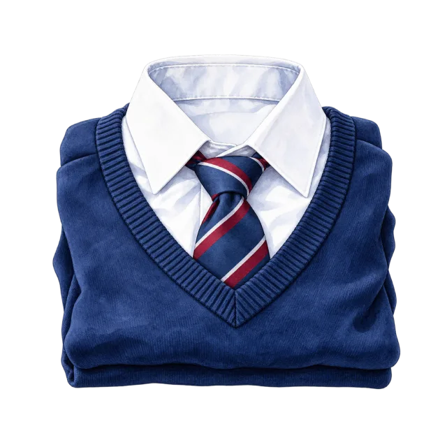 Watercolor-style illustration of folded school shirt tie and sweater