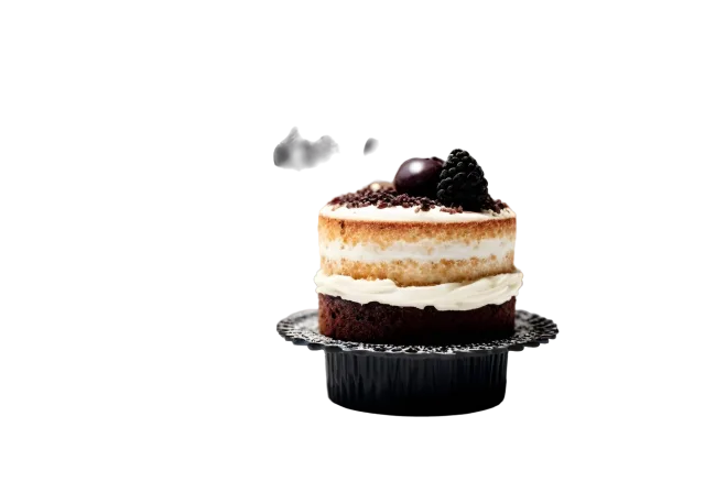 Tall slice of layered chocolate and cream cake on a black pedestal on a transparent background