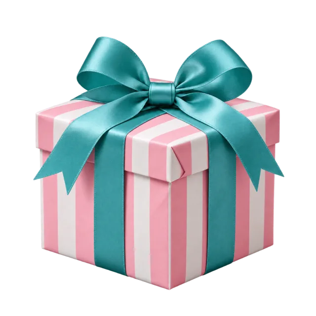 A pink and white striped present with a wide teal satin ribbon