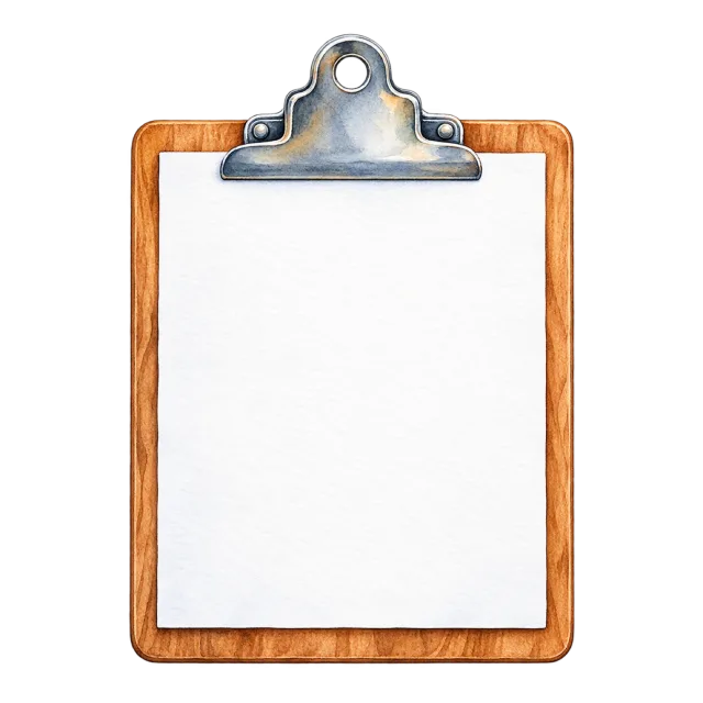 Watercolor-style illustration of clipboard with blank paper