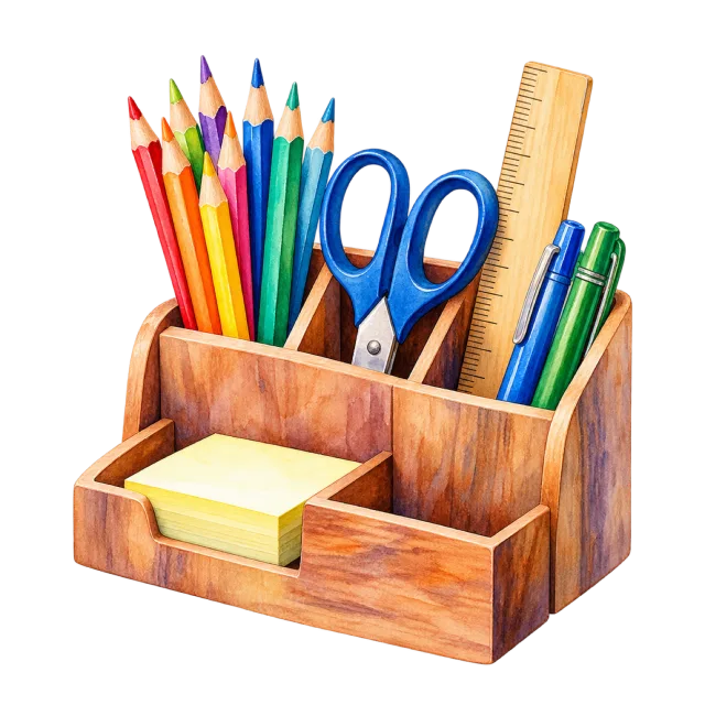 Watercolor-style illustration of desk organizer with pencils scissors and ruler