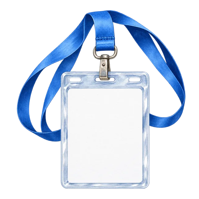 Watercolor-style illustration of blank ID badge in clear holder