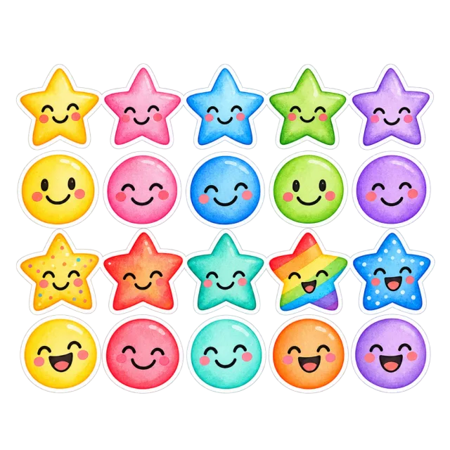 Watercolor-style illustration of colorful star and smiley reward stickers