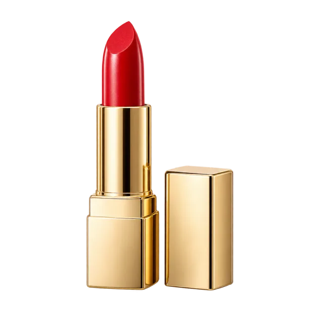 Realistic-style illustration of classic red lipstick in gold tube with cap beside it