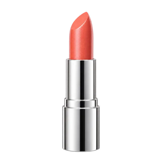Realistic-style illustration of coral lipstick in silver cylindrical tube